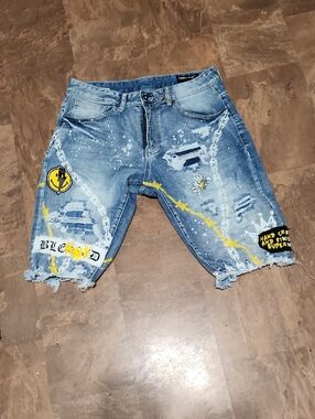 Blue Distressed "Smoke Rise"Graphic Denim Shorts -